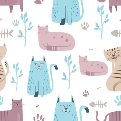 Behang Naadloos patroon Leuke kat met hand getrokken beeldverhaal