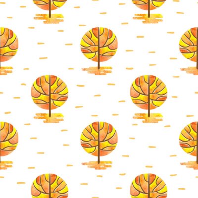 Behang Naadloos patroon met abstracte mozaïek herfstbomen. Vector waterverf herfst bos achtergrond.