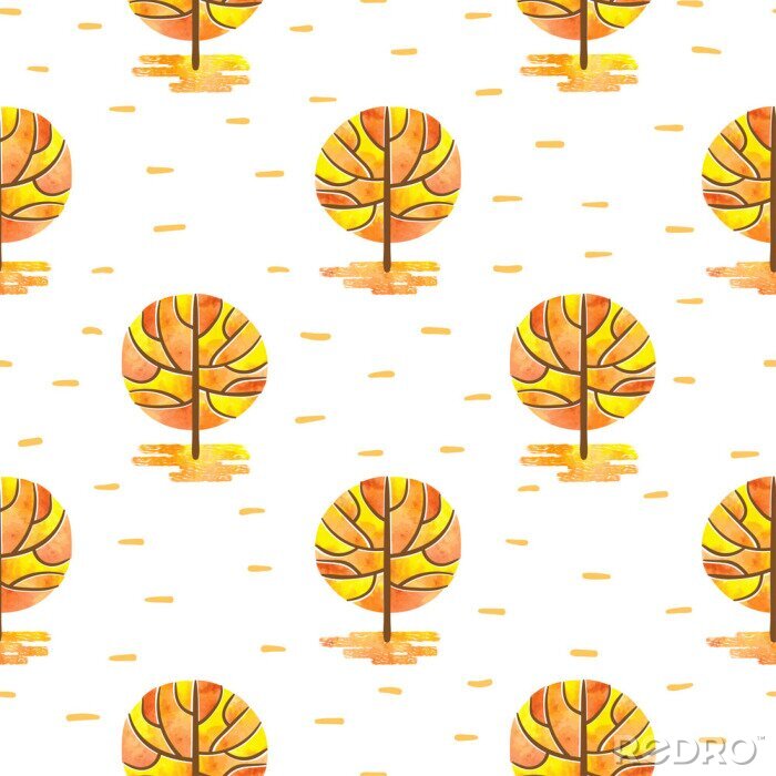 Behang Naadloos patroon met abstracte mozaïek herfstbomen. Vector waterverf herfst bos achtergrond.