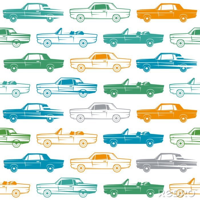 Behang Naadloos patroon met afbeelding van retro auto's