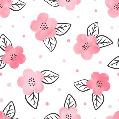 Behang Naadloos patroon met aquarel roze bloemen en zwarte bladeren.