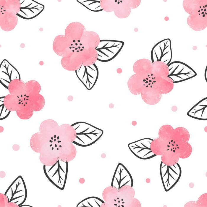 Behang Naadloos patroon met aquarel roze bloemen en zwarte bladeren.