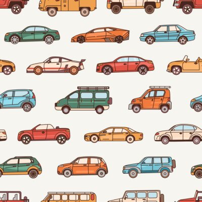Behang Naadloos patroon met auto's in verschillende carrosseriestijlen - cabriolet, sedan, pick-up, hatchback. Achtergrond met moderne auto's van verschillende types. Vector illustratie in lijn kunststijl.