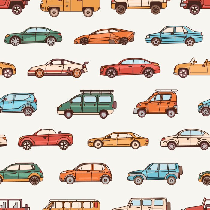 Behang Naadloos patroon met auto's in verschillende carrosseriestijlen - cabriolet, sedan, pick-up, hatchback. Achtergrond met moderne auto's van verschillende types. Vector illustratie in lijn kunststijl.