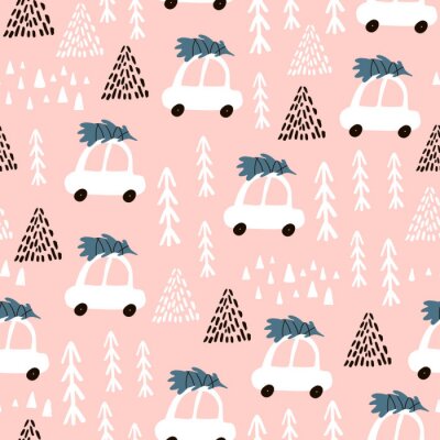 Behang Naadloos patroon met beeldverhaalauto die met kerstboom, boselementen en handgetekende vormen gaat. Kinderachtige textuur. Groot voor stof, textiel Vectorillustratie