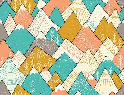 Naadloos patroon met bergen in Skandinavische stijl. Decoratieve achtergrond met landschap. Hand getrokken ornamenten.
