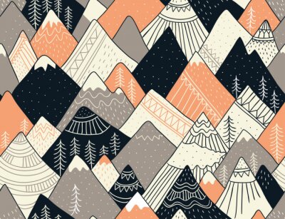 Naadloos patroon met bergen in Skandinavische stijl. Decoratieve achtergrond met landschap. Hand getrokken ornamenten.