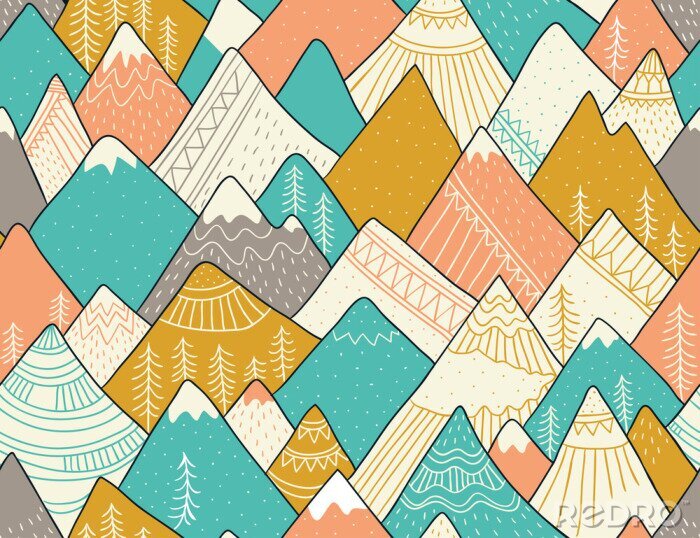 Behang Naadloos patroon met bergen in Skandinavische stijl. Decoratieve achtergrond met landschap. Hand getrokken ornamenten.