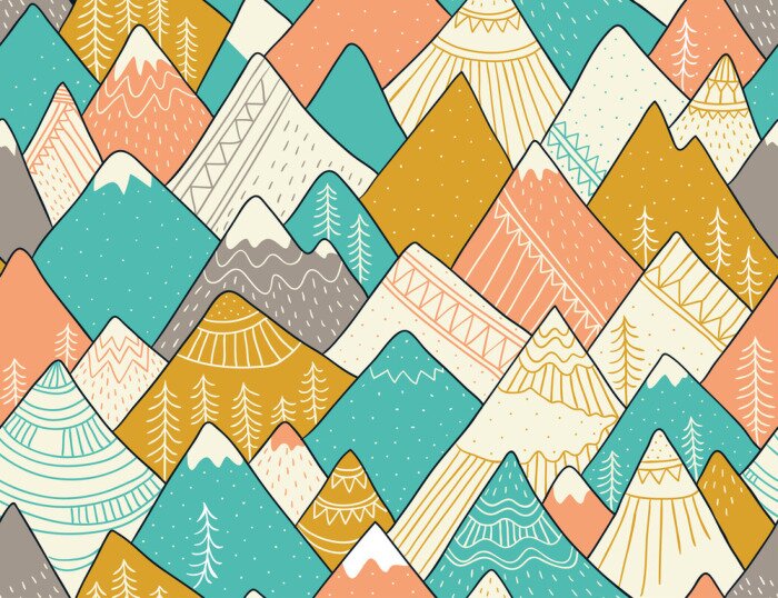 Behang Naadloos patroon met bergen in Skandinavische stijl. Decoratieve achtergrond met landschap. Hand getrokken ornamenten.