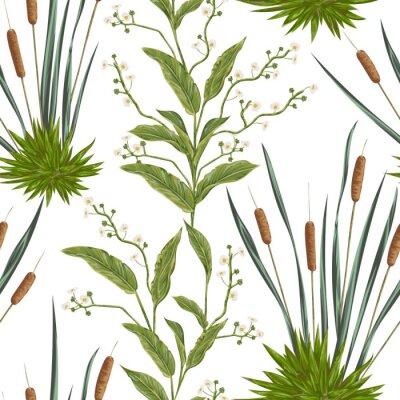 Naadloos patroon met biezen en moerasplanten. Vintage hand getekende vector illustratie in aquarel stijl