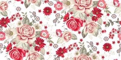 Behang Naadloos patroon met bleke rozen en rode bloemen op een witte achtergrond