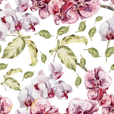 Behang Naadloos patroon met bloemen en bladeren orchidee.