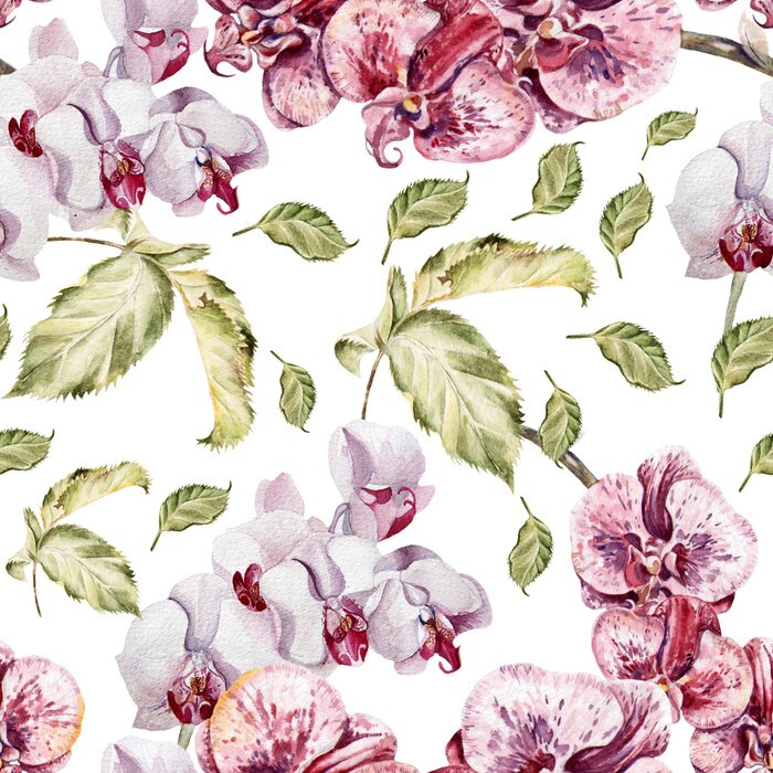 Behang Naadloos patroon met bloemen en bladeren orchidee.