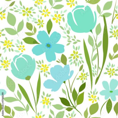 Behang Naadloos patroon met bloemenprint op een witte achtergrond. Weide bloeiende planten.