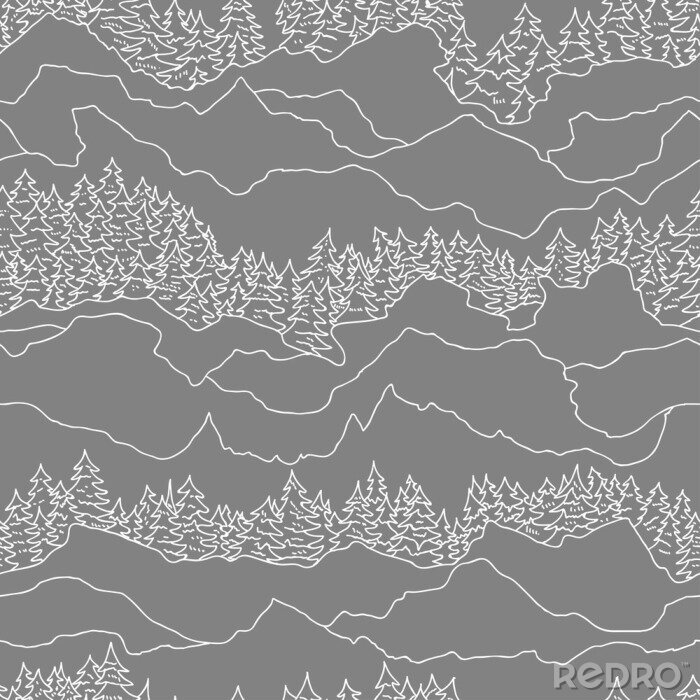 Behang Naadloos patroon met bomen en bergen