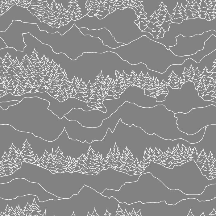 Behang Naadloos patroon met bomen en bergen