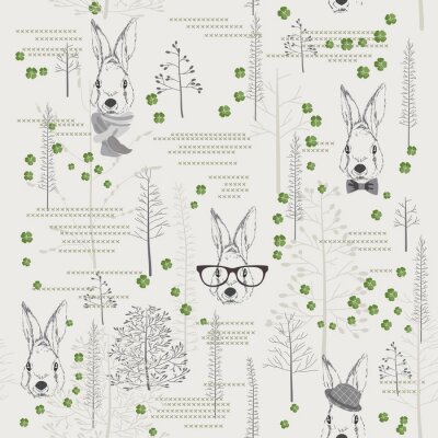 Behang Naadloos patroon met bomen, struiken, gebladerte, konijnen