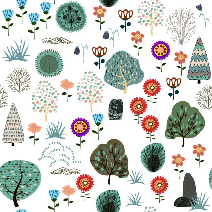 Behang Naadloos patroon met boselementen en hand getrokken vormen. Kinderachtig textuur.