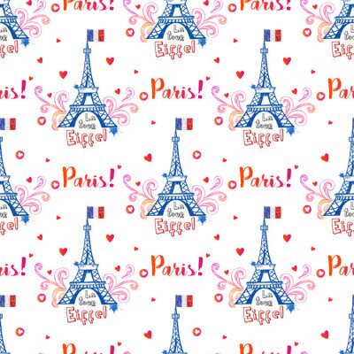 Behang Naadloos patroon met de Eiffeltoren en ornamenten op een witte achtergrond.