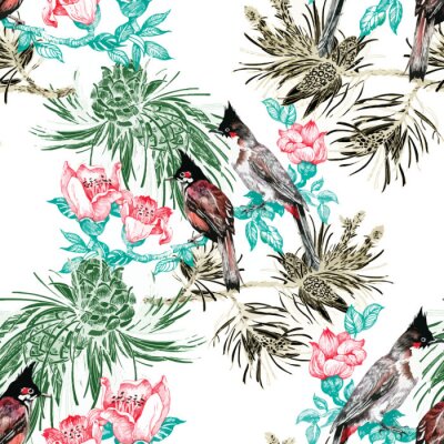 Sticker Naadloos patroon met de zomer kruiden en vogels. Aquarel