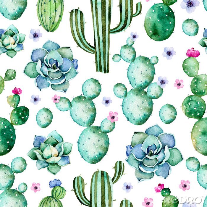 Behang Naadloos patroon met een hoge kwaliteit met de hand geschilderd aquarel cactussen, vetplanten en paarse flowers.Pastel kleuren, Perfect voor uw project, huwelijk, wenskaarten, foto, blog, behang, patr
