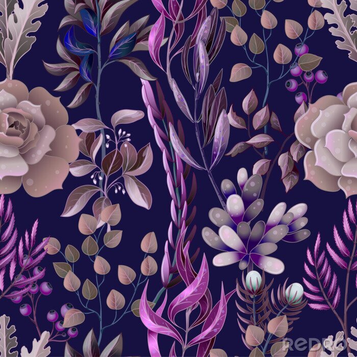 Behang Naadloos patroon met eucalyptus, magnolia, varenbladeren en succulents. Trendy rustieke kruid vector achtergrond.