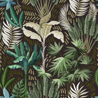 Naadloos patroon met exotische bomen zoals ons palm en banaan. Interieur vintage behang.
