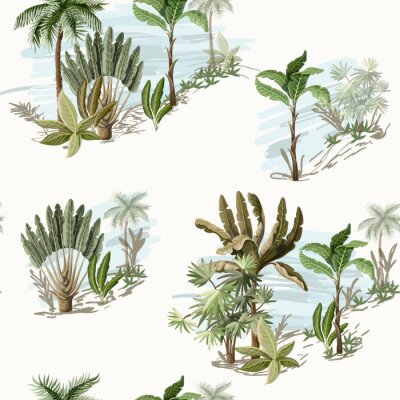 Naadloos patroon met exotische bomen zoals ons palm en banaan op landschap. Interieur vintage behang.