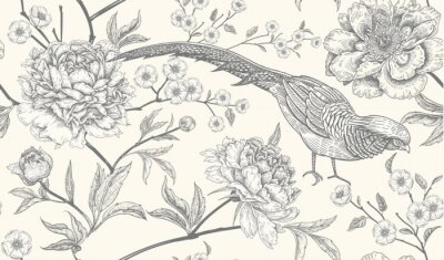 Behang Naadloos patroon met exotische vogelfazanten en pioenbloemen.