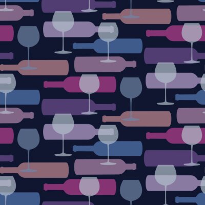 Behang Naadloos patroon met flessen wijn en wijnglazen op donkere achtergrond.