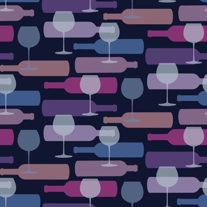 Behang Naadloos patroon met flessen wijn en wijnglazen op donkere achtergrond.