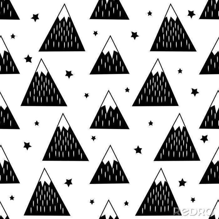 Behang Naadloos patroon met geometrische besneeuwde bergen en de sterren. Zwart en wit aard illustratie. Schattig bergen achtergrond.