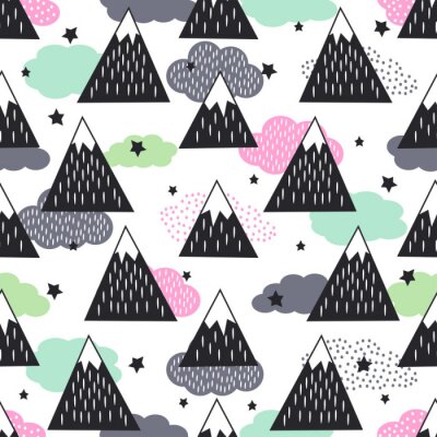 Naadloos patroon met geometrische besneeuwde bergen, wolken en sterren. Grafische natuur illustratie. Abstracte bergen achtergrond.