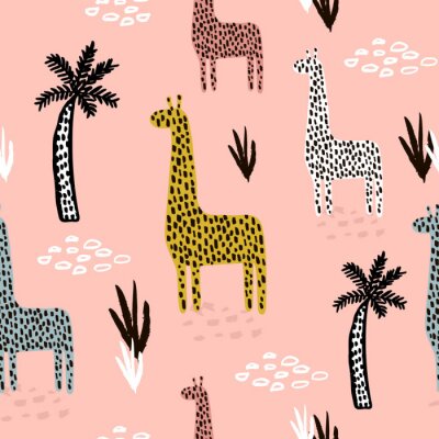 Behang Naadloos patroon met giraf, palm, handgetekende vormen en texturen. Afrikaanse textuur voor stof, textiel. Vector achtergrond