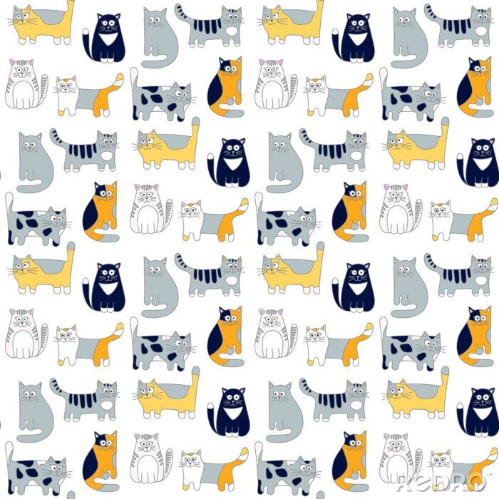 Behang Naadloos patroon met grappige katten. Hand getrokken doodle schattige katten. Kleurrijke achtergrond voor kinderen.