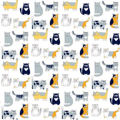 Behang Naadloos patroon met grappige katten. Hand getrokken doodle schattige katten. Kleurrijke achtergrond voor kinderen.