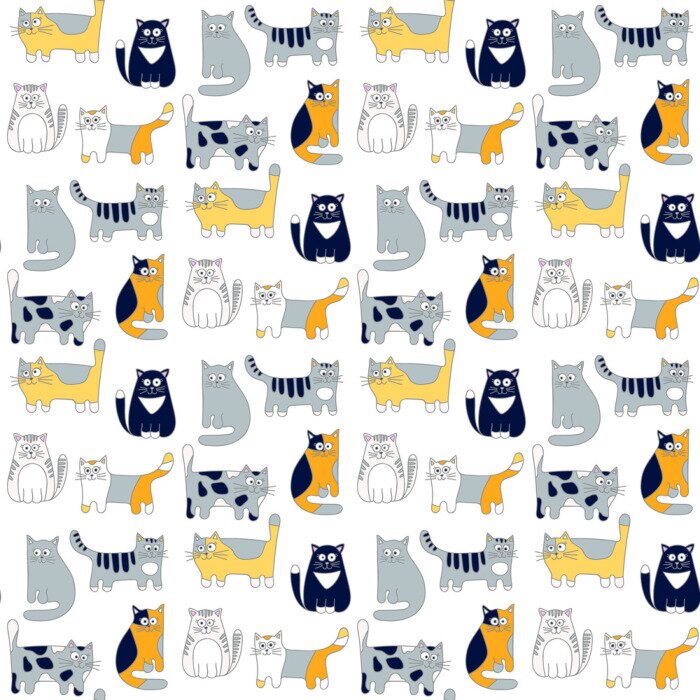 Behang Naadloos patroon met grappige katten. Hand getrokken doodle schattige katten. Kleurrijke achtergrond voor kinderen.
