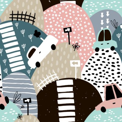 Behang Naadloos patroon met hand getrokken leuke auto en heuvels. Beeldverhaalauto's, verkeersteken, gestreepte vectorillustratie. Perfect voor kinderstof, textiel, kinderkamerbehang