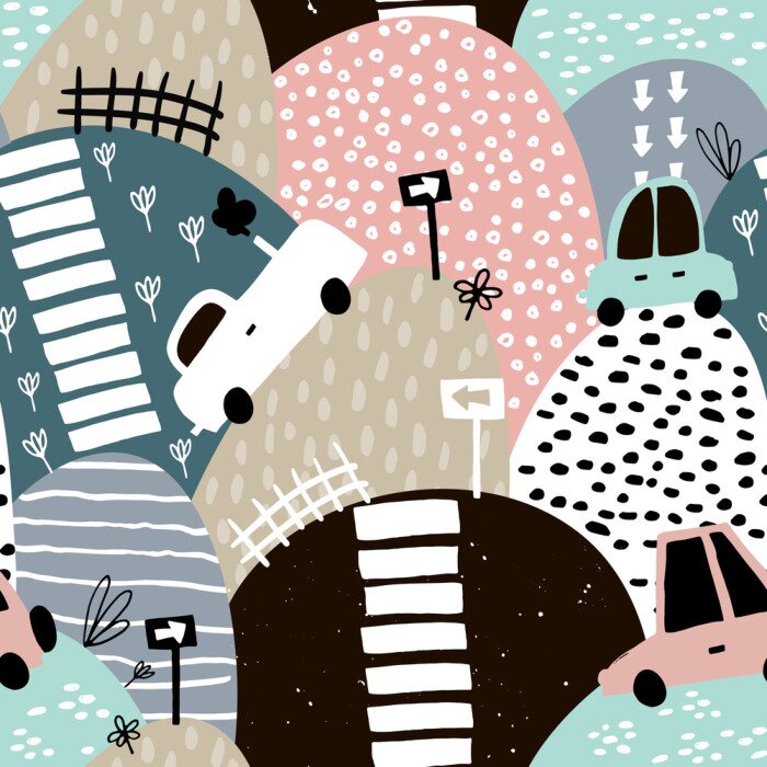 Behang Naadloos patroon met hand getrokken leuke auto en heuvels. Beeldverhaalauto's, verkeersteken, gestreepte vectorillustratie. Perfect voor kinderstof, textiel, kinderkamerbehang