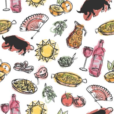 Behang Naadloos patroon met hand getrokken Spaanse symbolen