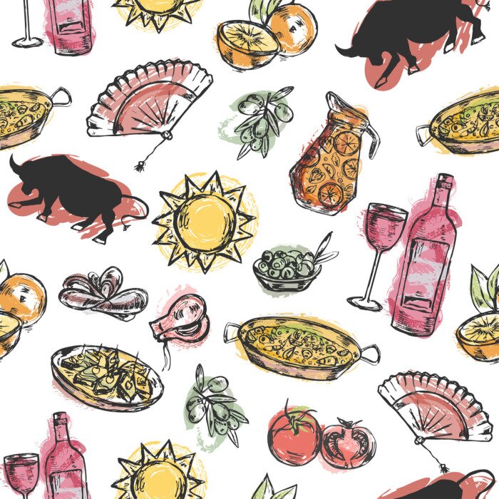 Behang Naadloos patroon met hand getrokken Spaanse symbolen