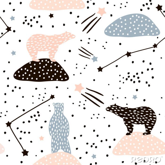 Behang Naadloos patroon met ijsbeer silhouet en sterrenbeelden. Perfect voor stof, textiel.Vector achtergrond