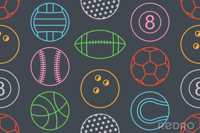 Behang Naadloos patroon met inzameling van Colorfuls-Sportenballen. lijnstijl. geïsoleerd op zwarte achtergrond
