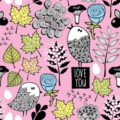 Behang Naadloos patroon met kleine vogels in het bos.