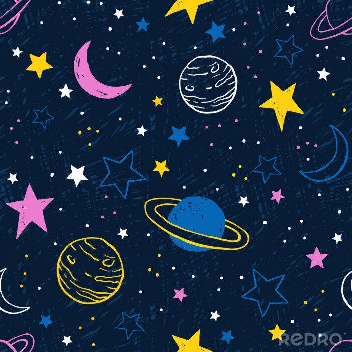 Behang Naadloos patroon met kleurrijke planeten en sterren