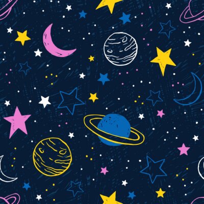 Behang Naadloos patroon met kleurrijke planeten en sterren