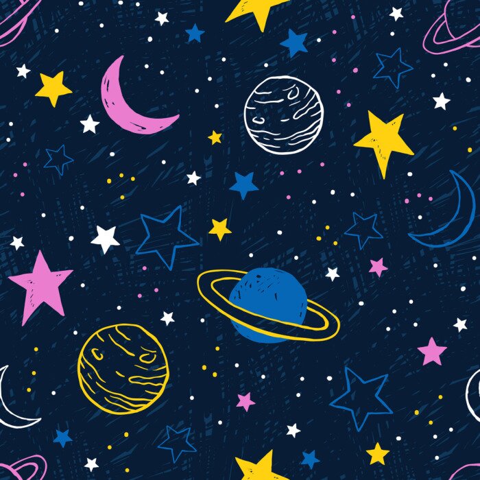 Behang Naadloos patroon met kleurrijke planeten en sterren