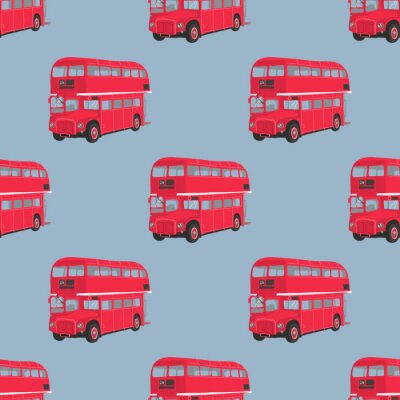 Behang Naadloos patroon met Londen rode bus. Dubbeldekker rode bus vector illustratie. Stad het openbaar vervoer. Retro-bus op een blauwe achtergrond