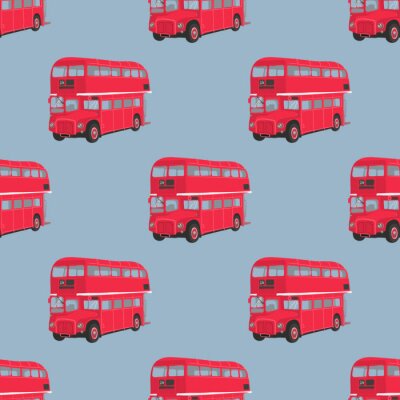 Behang Naadloos patroon met Londen rode bus. Dubbeldekker rode bus vector illustratie. Stad het openbaar vervoer. Retro-bus op een blauwe achtergrond