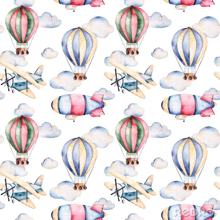 Behang Naadloos patroon met luchtballons, luchtschip, wolken en het vliegtuig in pastel colors.Watercolor lucht ballons prachtig ingericht op een witte achtergrond en andere aircrafts.Perfect voor behang